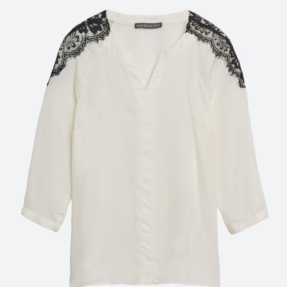 Brixon Ivy Cream and Black Lace Shoulder 3/4 Sleeve Blouse with Mandarin Collar